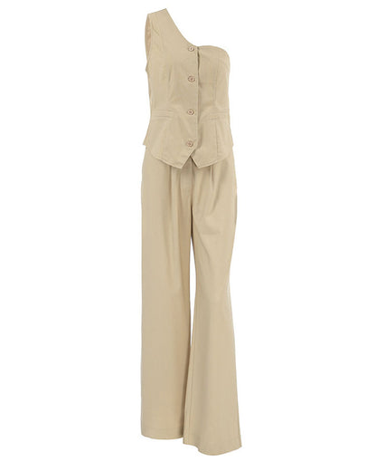 Fashion Khaki Shoulder Cotton And Linen Vest & Trousers Two-Piece Set