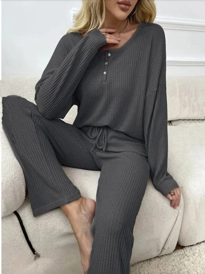 Solid Color Casual Long Sleeve Blouse & Long Pants Pajamas Two-Piece Sets