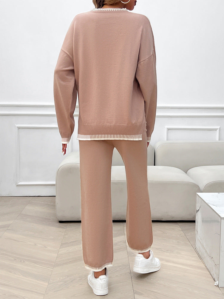 Solid Color Casual Color Matching Knit Sweater & Pant Suit