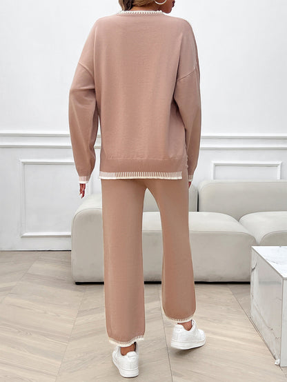 Solid Color Casual Color Matching Knit Sweater & Pant Suit