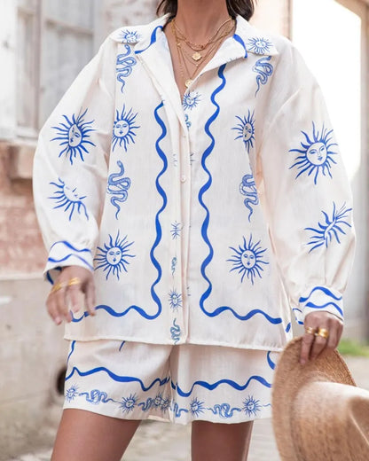Fashion Print Linen Casual Shirt Cardigan Shorts