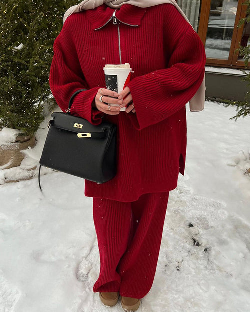 Festive red zipper casual two-piece set