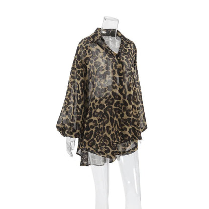 Fashion Leopard Print Long Sleeve Shirt & Shorts Two-Piece Set