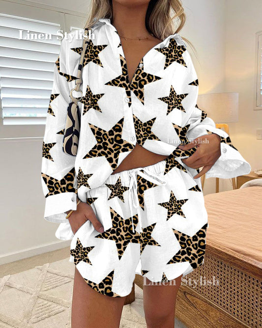 Stylish Leopard Star Print Shirt & Shorts Two-Piece Set