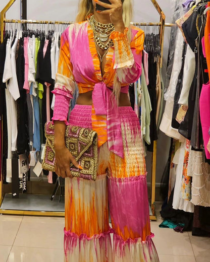 Fashion Gradient Print V-Neck Top & Pants Two-Piece Set