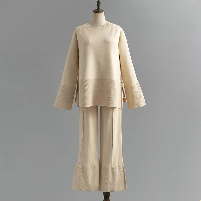 Fashionable bell sleeves, round neck and slit two-piece set