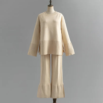Fashionable bell sleeves, round neck and slit two-piece set