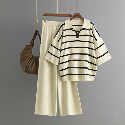 Stylish Striped Top & Solid Color Wide Leg Pants Two-Piece Set