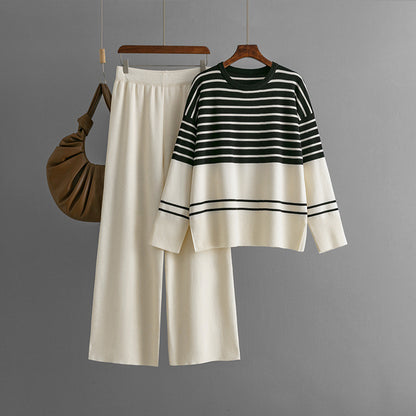 Casual Striped Crewneck Sweater Stylish Two-piece Set