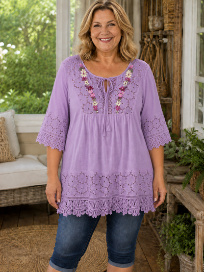 Plus Size Cotton Linen Boho Floral Embroidered Lace Tunic Top