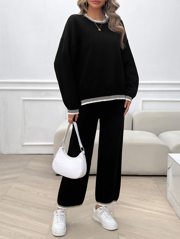 Solid Color Casual Color Matching Knit Sweater & Pant Suit