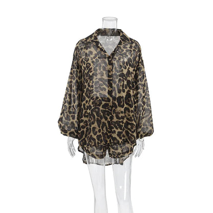 Fashion Leopard Print Long Sleeve Shirt & Shorts Two-Piece Set