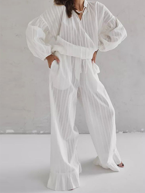 Loose Simple Cotton Long Sleeve & Trousers Two-Piece Set