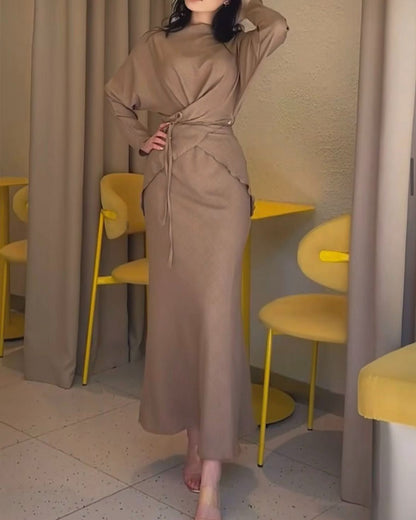 Elegant Long-Sleeve Lace-Up Top & Skirt Two-Piece Set