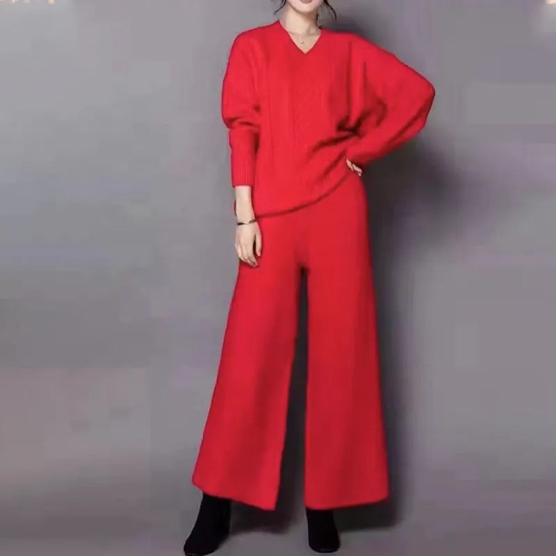 Casual Loose V-neck Sweater Two-pieces Set