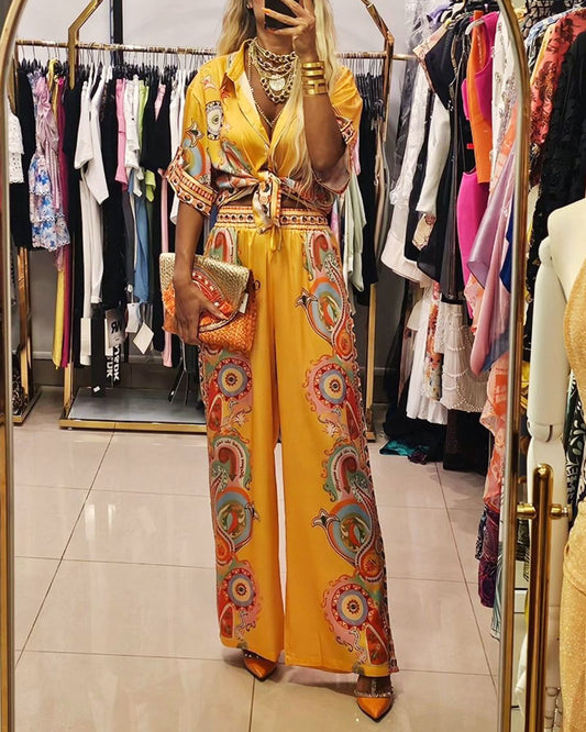 Fashion Printed Short Sleeve Shirt & Pants Two-piece Set