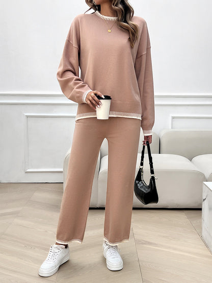 Solid Color Casual Color Matching Knit Sweater & Pant Suit