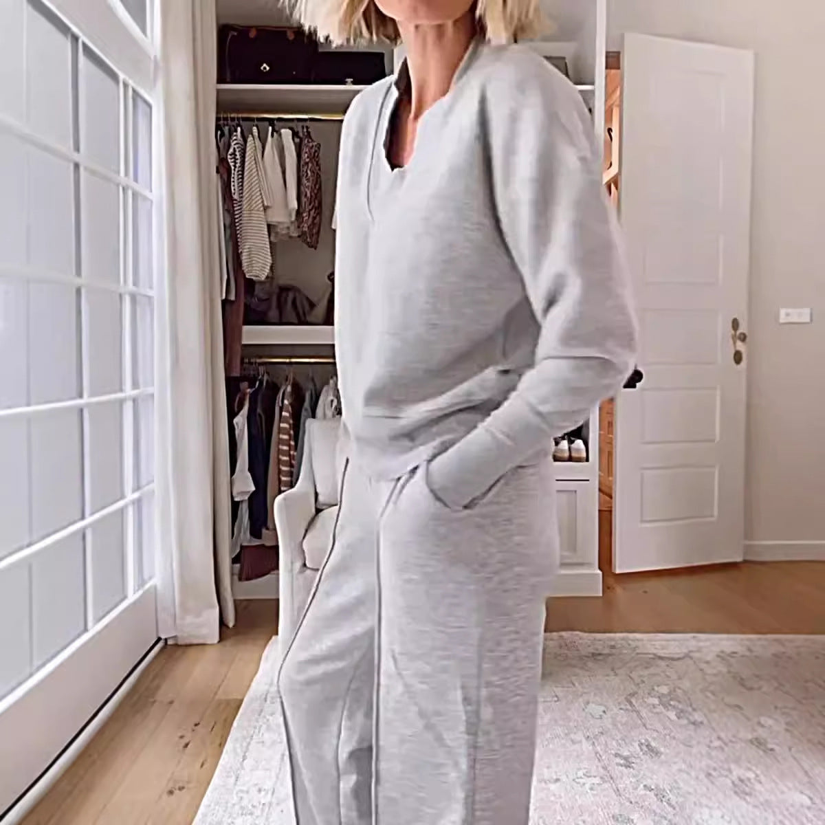 Casual V-Neck Long Sleeve Top & Wide Leg Pants Two Piece Set
