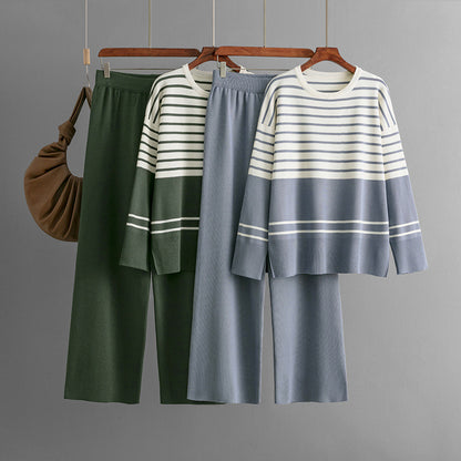 Casual Striped Crewneck Sweater Stylish Two-piece Set
