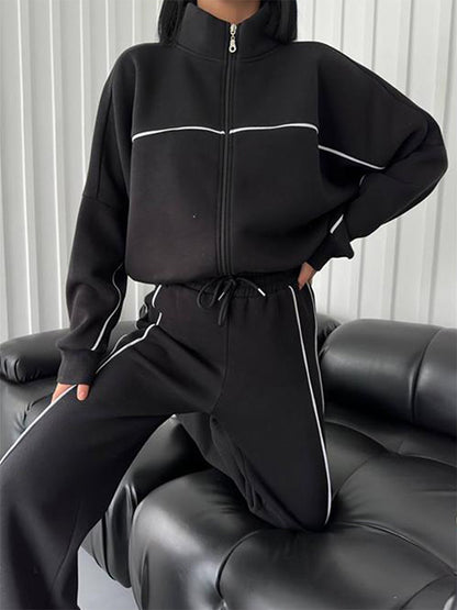 Stylish Striped Turtleneck Long-Sleeved Hoodie & Pants Two-Piece Set