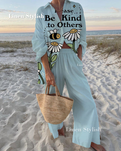 Sunflower Print Shirt & Pants Two-Piece Set