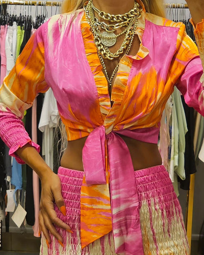 Fashion Gradient Print V-Neck Top & Pants Two-Piece Set