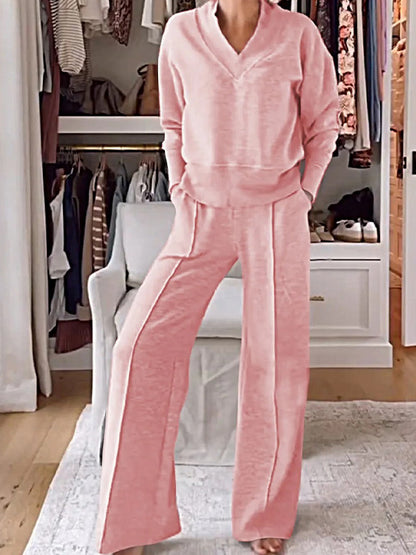 Casual V-Neck Long Sleeve Top & Wide Leg Pants Two Piece Set