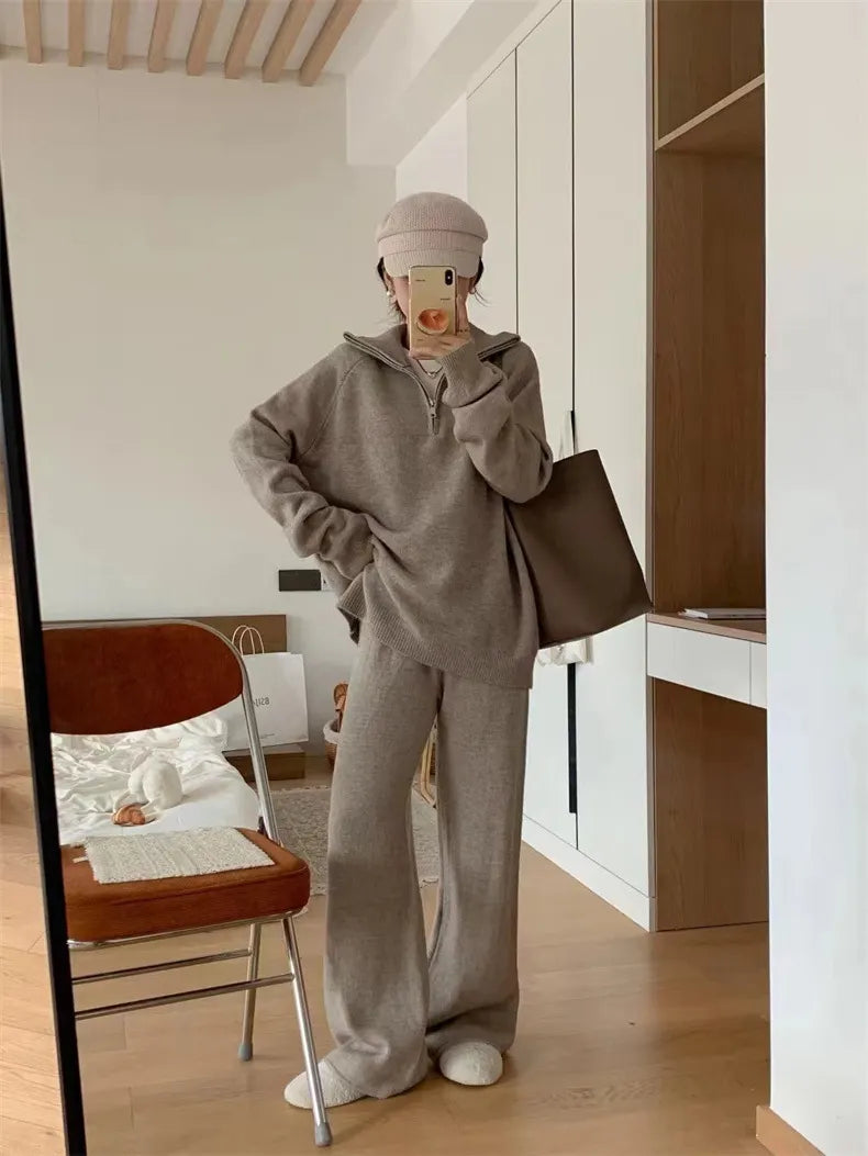 Casual Lapel  Sweater and Wide-leg Pants Two-piece Suit