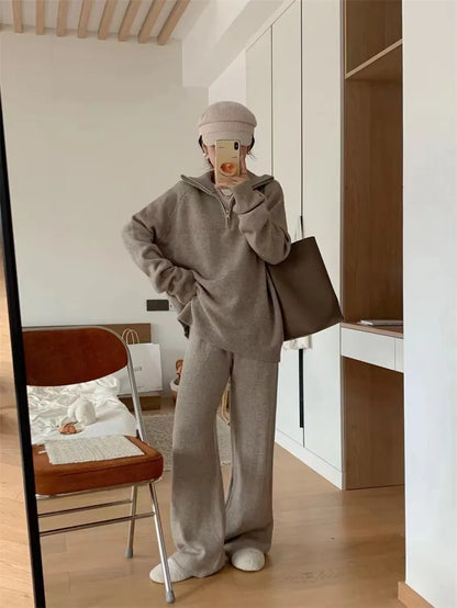 Casual Lapel  Sweater and Wide-leg Pants Two-piece Suit