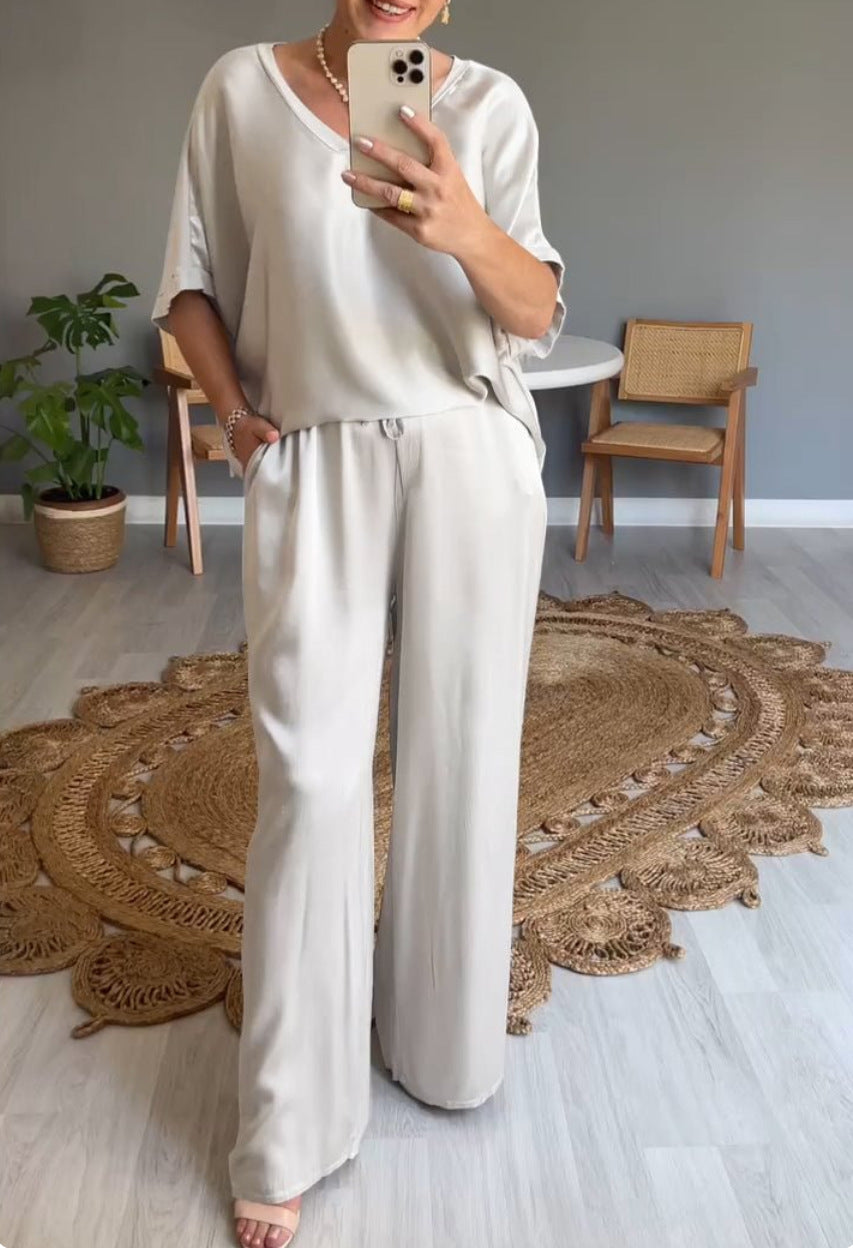 Fashion Solid Color Mercerized V-neck Casual Suit