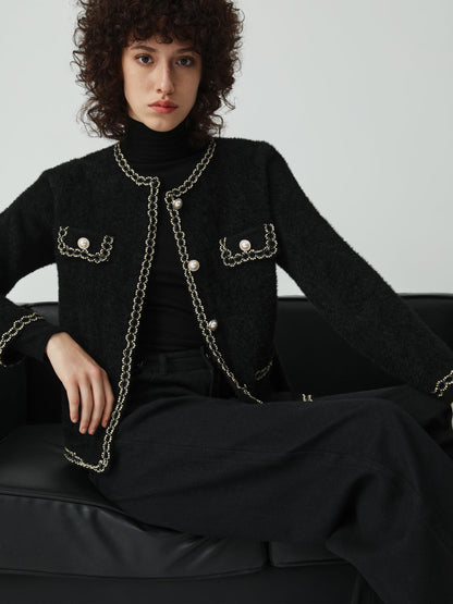 Pearl Button Contrast Trim Fuzzy Cardigan
