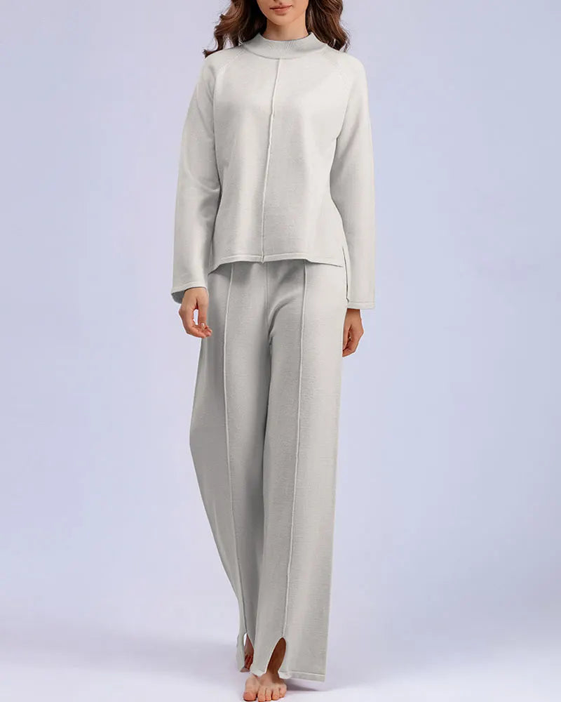 Solid color slit sweater wide-leg trousers two-piece set
