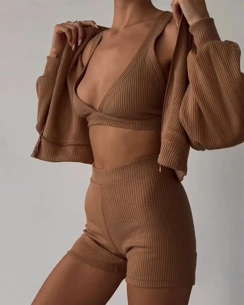 Daily casual zip-up shirt and shorts three-piece set
