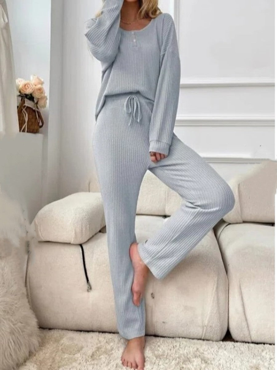 Solid Color Casual Long Sleeve Blouse & Long Pants Pajamas Two-Piece Sets