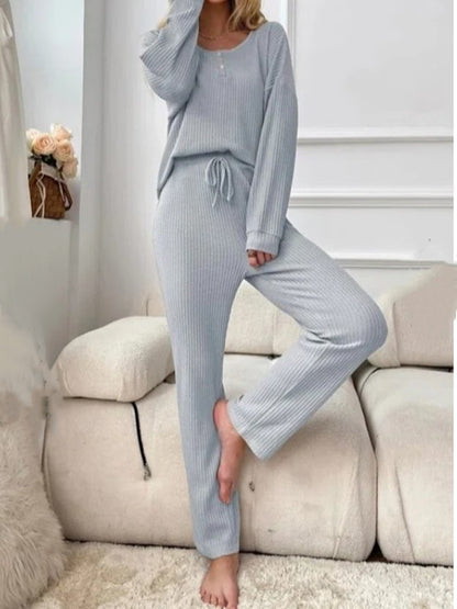 Solid Color Casual Long Sleeve Blouse & Long Pants Pajamas Two-Piece Sets