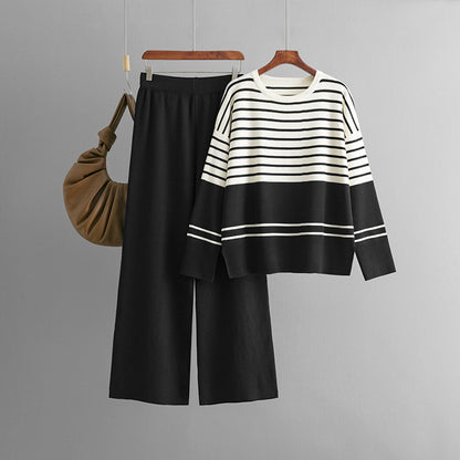 Casual Striped Crewneck Sweater Stylish Two-piece Set