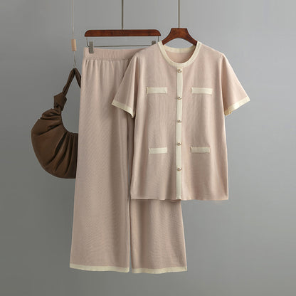 Contrast color short-sleeved top and wide-leg pants two-piece set