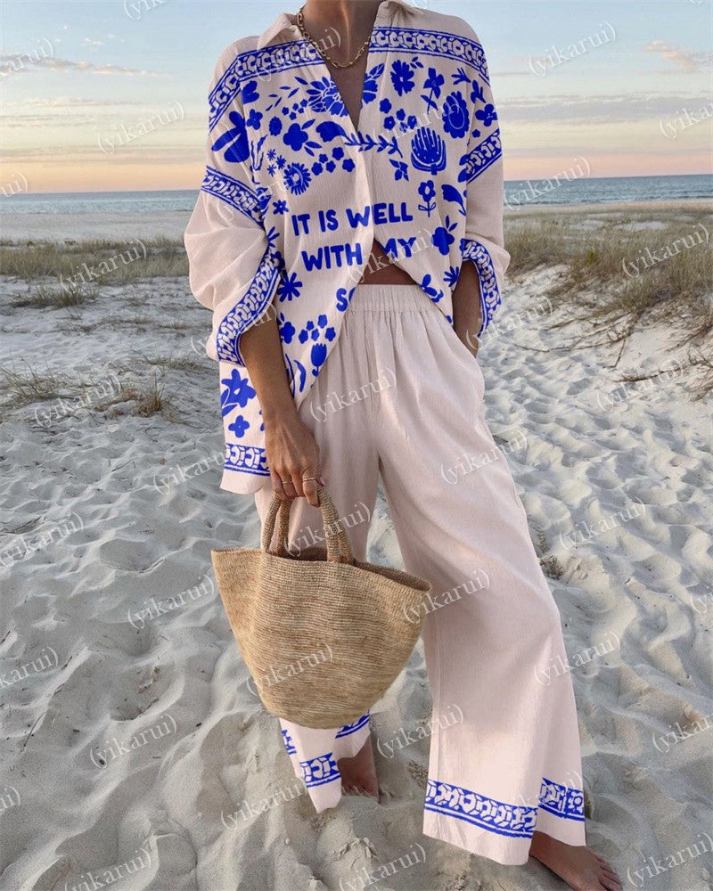 Casual Floral Print Shirt & Pants Two-piece Set