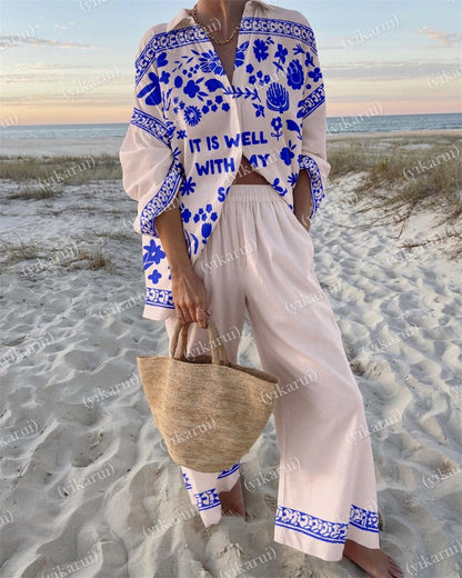 Casual Floral Print Shirt & Pants Two-piece Set