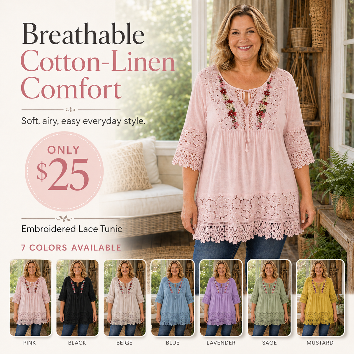 Plus Size Cotton Linen Boho Floral Embroidered Lace Tunic Top