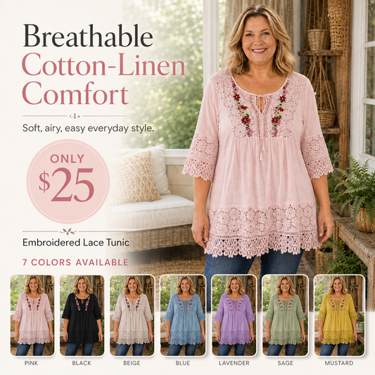 Plus Size Cotton Linen Boho Floral Embroidered Lace Tunic Top