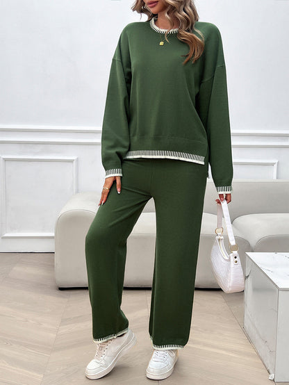 Solid Color Casual Color Matching Knit Sweater & Pant Suit