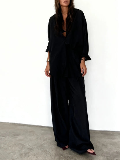 Fashion Solid Color Comfortable Shirt & Pants Two-piece Set