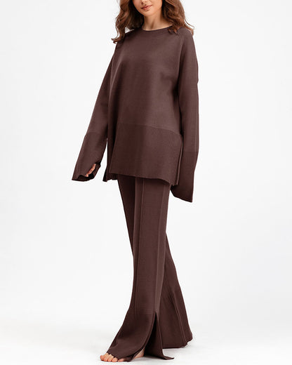 Fashionable bell sleeves, round neck and slit two-piece set