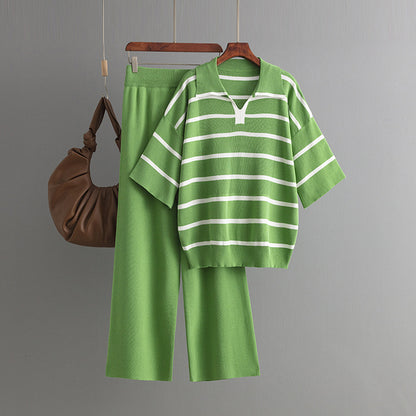 Stylish Striped Top & Solid Color Wide Leg Pants Two-Piece Set
