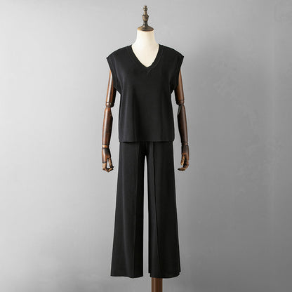 V-neck sleeveless knitted vest top + slit wide-leg pants two-piece set
