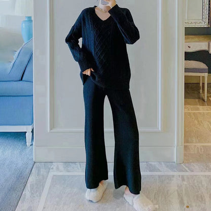 Casual Loose V-neck Sweater Two-pieces Set
