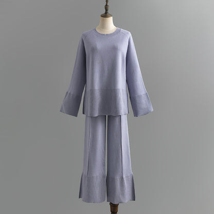 Fashionable bell sleeves, round neck and slit two-piece set