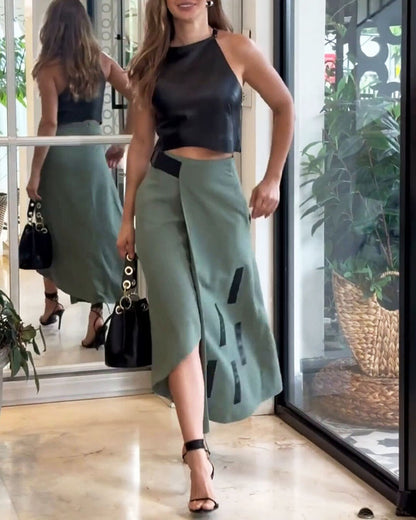 Fashionable Leather Short Top & Skirt Two-Piece Set
