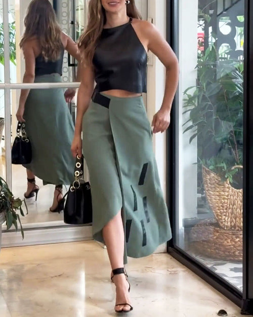 Fashionable Leather Short Top & Skirt Two-Piece Set